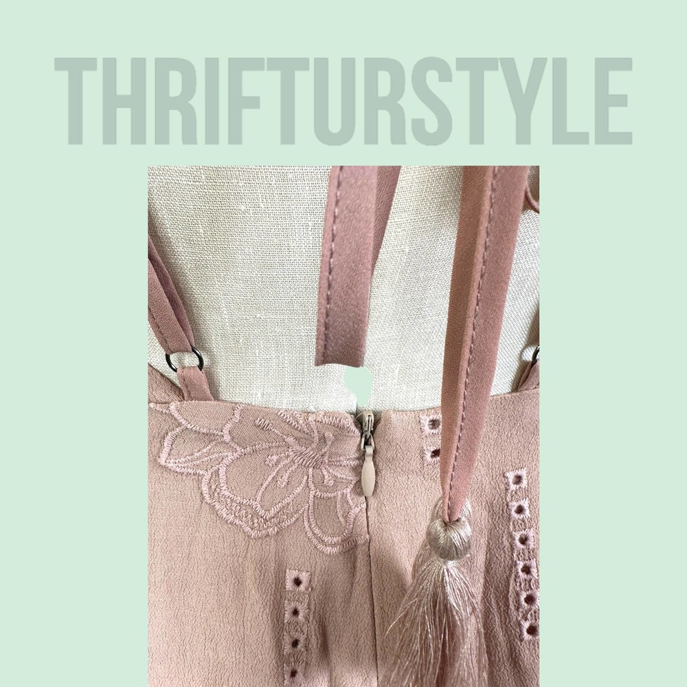 Blush Pink Lace Trim Romper Open Back Tie Spaghetti Strap Cute Casual - Picture 7 of 13